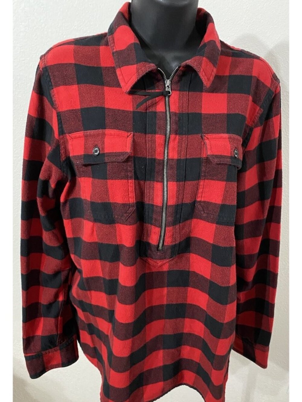 Chaps Denim Women Size Large Flannel Shirt 1/2 Zip 2 Pockets Red Checkered